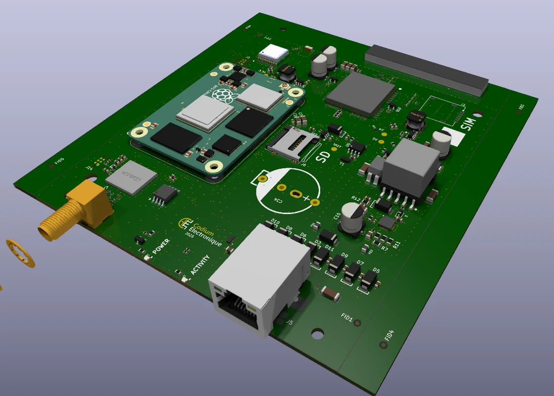 Vue 3D KiCad d'une carte Codium — rendu complet avant envoi en fabrication